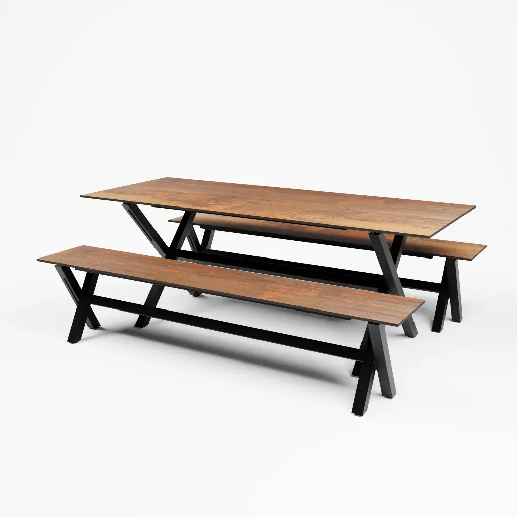 X-FRAME-DINNERBENCH_BLACK_200x80_LHC12.RUS-rust_Mid-view.webp